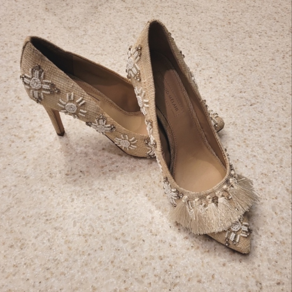 CLOSET CLOSING | Antonio Melani | Straw Woven Canvas Beaded Pointy Heel Pump